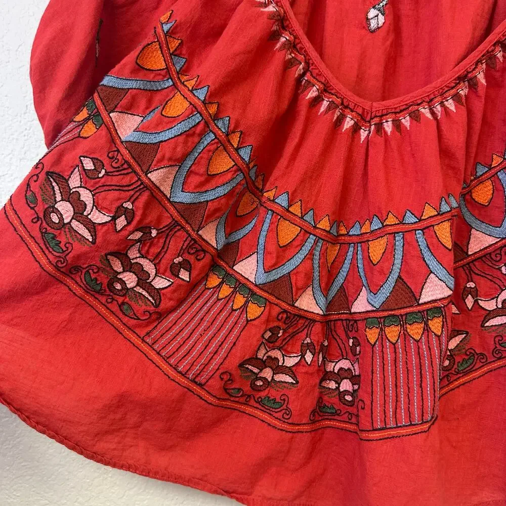 Free People Wind in Her Hair Embroidered Peasant Crop Top Red Size XS